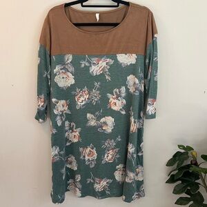 Pinkblush Long Sleeve Floral Dress in Green and Camel Suede